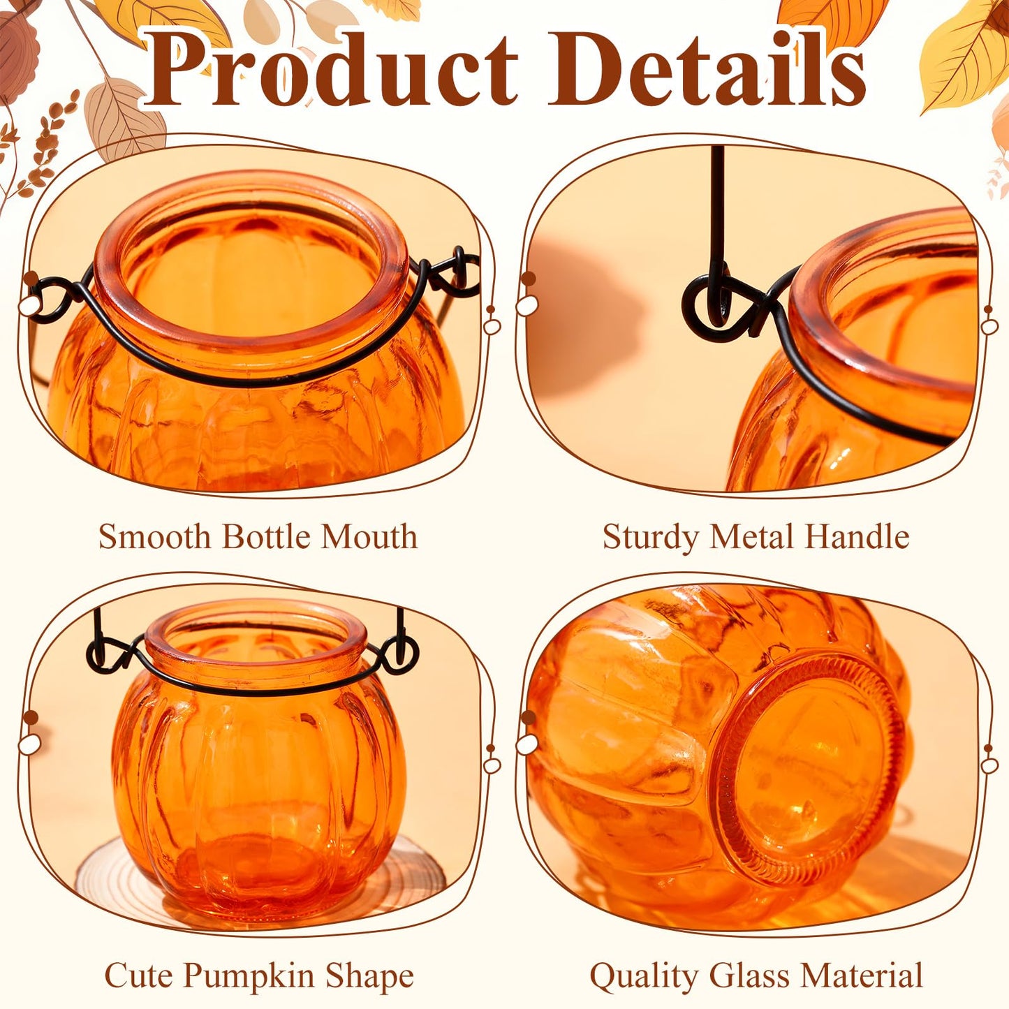 Mumufy 12 Sets Pumpkin Votive Candle Holders Thanksgiving Tea Light Holder Glass Fall Candle Holders with Handle for Thanksgiving Table Centerpiece Decorations Halloween Party Decor(Orange)