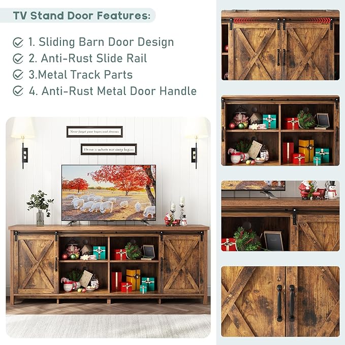 70" Farmhouse TV Stands for 70 75 80inch TV w/Adjustable Shelves, Sliding Barn