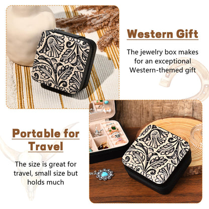 DEEKA Western Jewelry Box Case Real Leather Black and Beige Embossed Tooled Travel Jewelry Organizer Gifts Christmas Gifts for Women Country Girls Cowgirl Stuff Portable Travel Accessories -Black