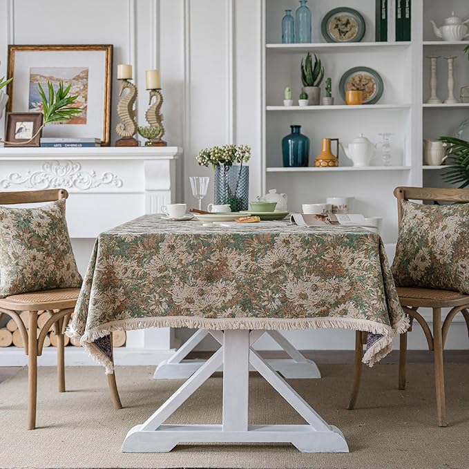 Aesthetic Green and Beige Floral Table Cloth, Linen Texture Table Cloth