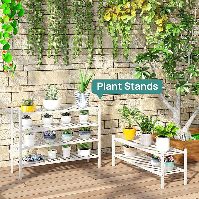 viewcare White 4-Tier Long Shoe Rack, Bamboo Wood