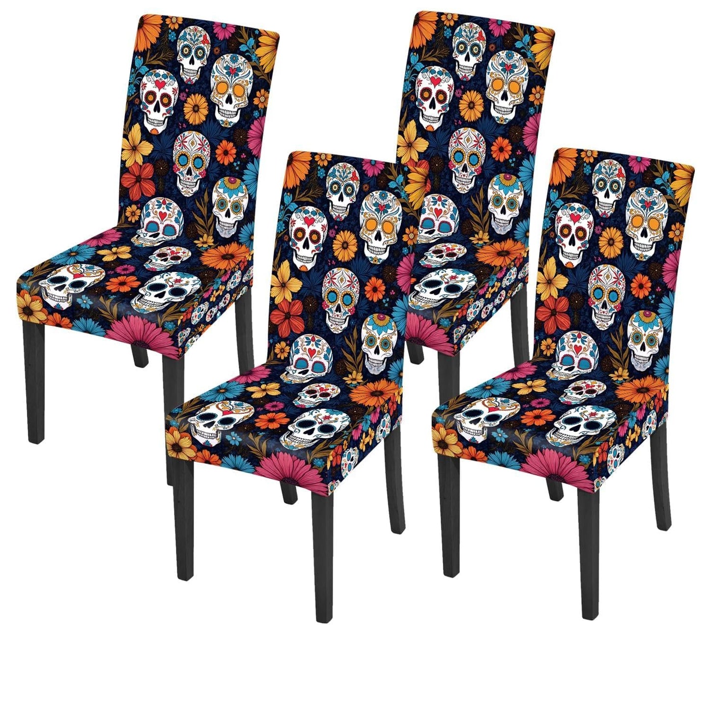 ANNA QUEEN Halloween Sugar Skull Chair Covers for Dining Room and Kitchen Set of 4 – Stretchable Floral Day of the Dead Chair Slipcovers, Festive Halloween and Holiday Décor