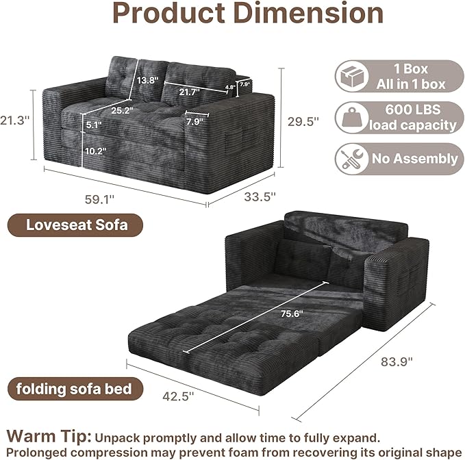 Gizoon Boneless Convertible Floor Sofa Bed, Corduroy 2 Seater Lounge Sleeper
