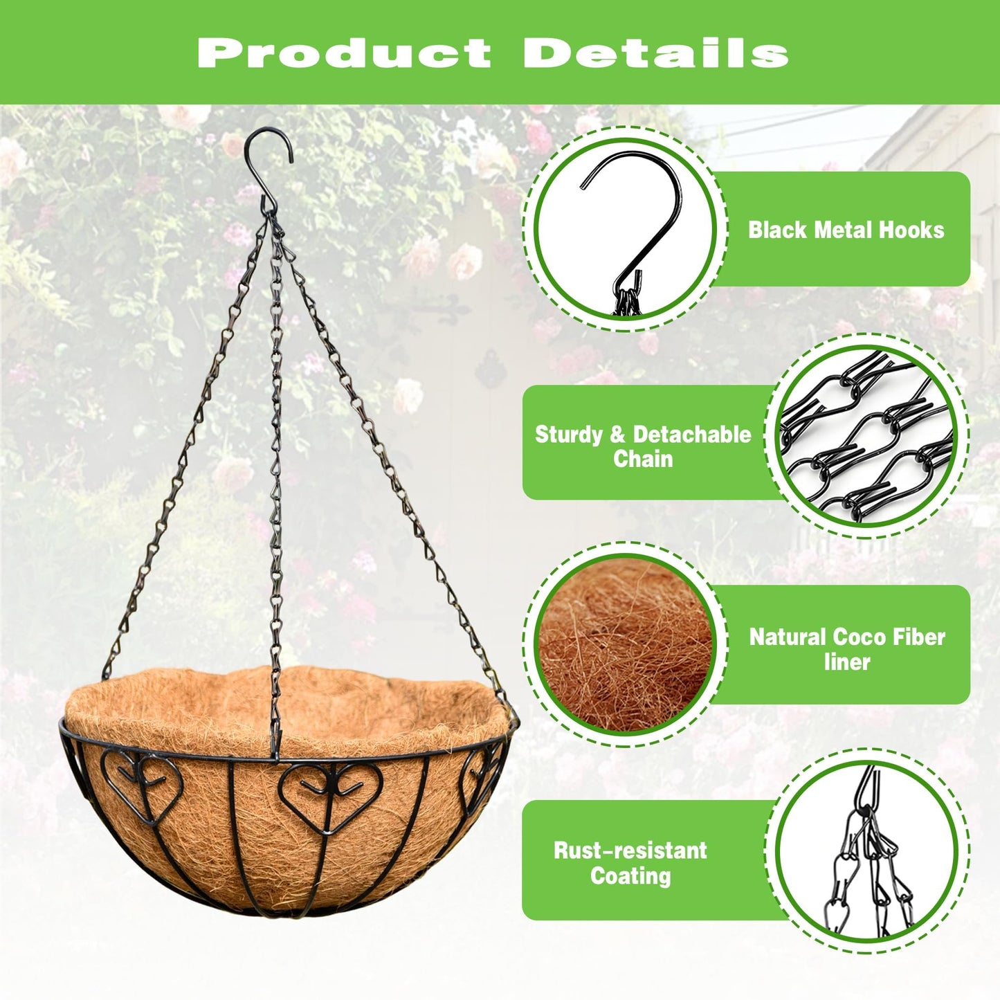 ZVOWOS 2 Pack 12 Inch Black Metal Hanging Basket Hanging Planter with Coco Coir Liner Heavy Duty Hanging Flower Pot Holder for Indoor Outdoor Patio Garden Porch Balcony Decor (Heart-Shaped)