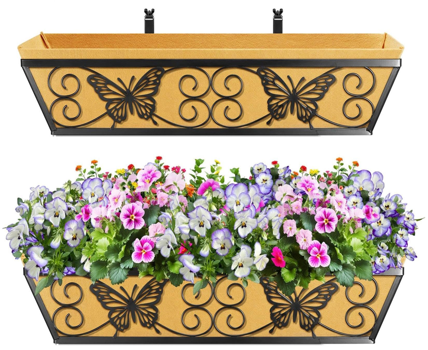 Karlliu 2 Pack 24 Inch Window Boxes Planters Railing Planter Box with Adjustable Brackets for Porch Fence Patio Balcony Hanging Flower Baskets with Woven Fabric for Outdoor Garden Decor - Black