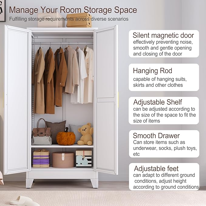 71" Metal Armoire Wardrobe Closet, Steel Clothing Storage Cabinet