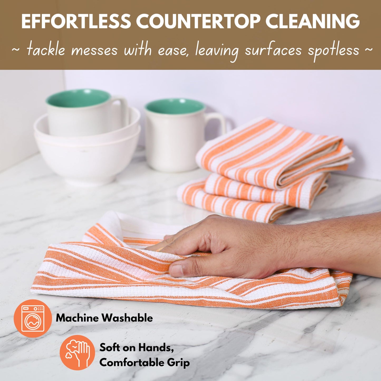 Native Fab Stripe Kitchen Towels - 4 Pack - Basket Weave 100% Cotton Dish Towel - 16x26 inches - Absorbent Towels for Cleaning, Quick Drying, Washable Dish Cloths with Hanging Loop - Orange White