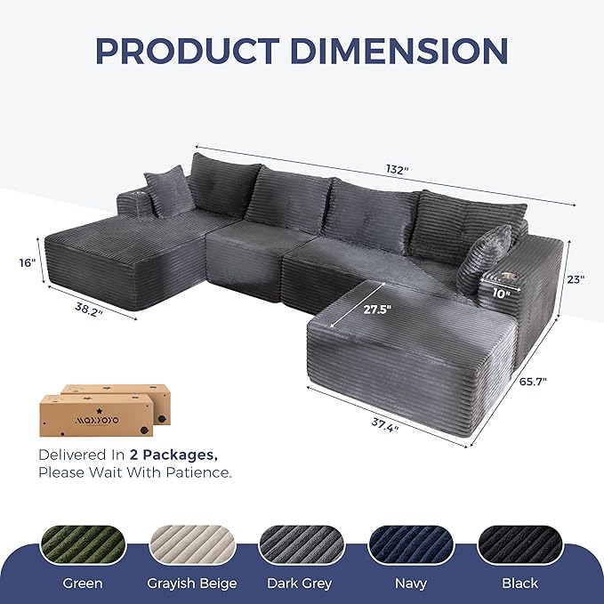 MAXYOYO 132" Giant U-Shaped Modular Sectional Couch, Modern Boneless Couch