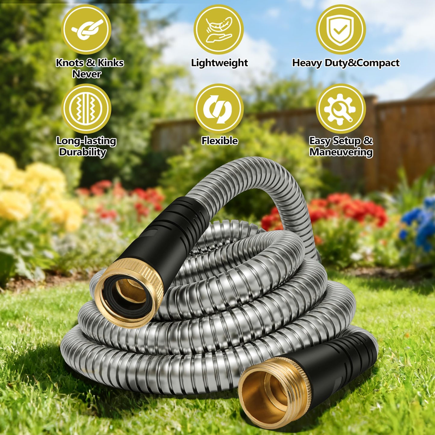 200 ft Stainless Steel Garden Hose - 2026 New Upgraded Metal Water hose - Flexible Water Hoses Pipes with Latex Core, 3/4" Solid Brass Connector - No-Expandable Watering Garden Hoses