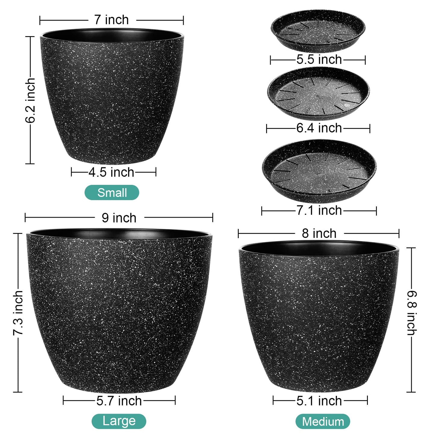 Vanavazon Plant Pots 9/8/7 Inch Set of 3 Flower Pots Indoor Outdoor Plastic Planters with Drainage Hole and Tray (Speckled Black)