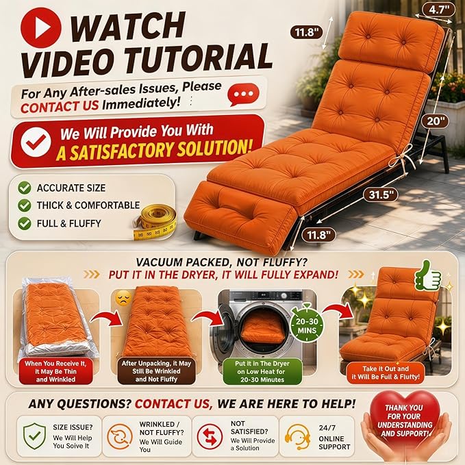 Outdoor Chaise Lounge Cushion, Waterproof 74.4x22x4.7 Inch Thick Cotton Filled