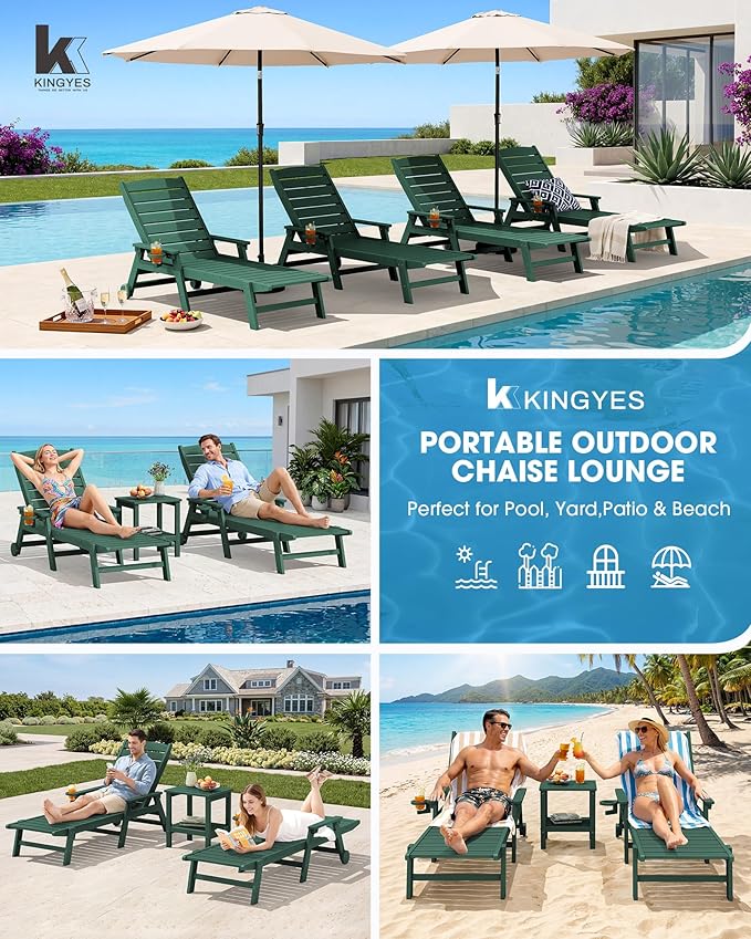 KINGYES HDPE Lounge Chair Outdoor Set of 2, Patio Chaise Lounge Recliner