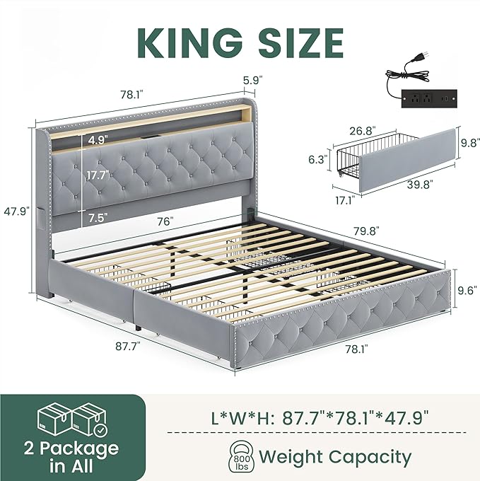 LARMACE King Size Bed Frame Velvet Upholstered LED Tufted King Platform Bed and