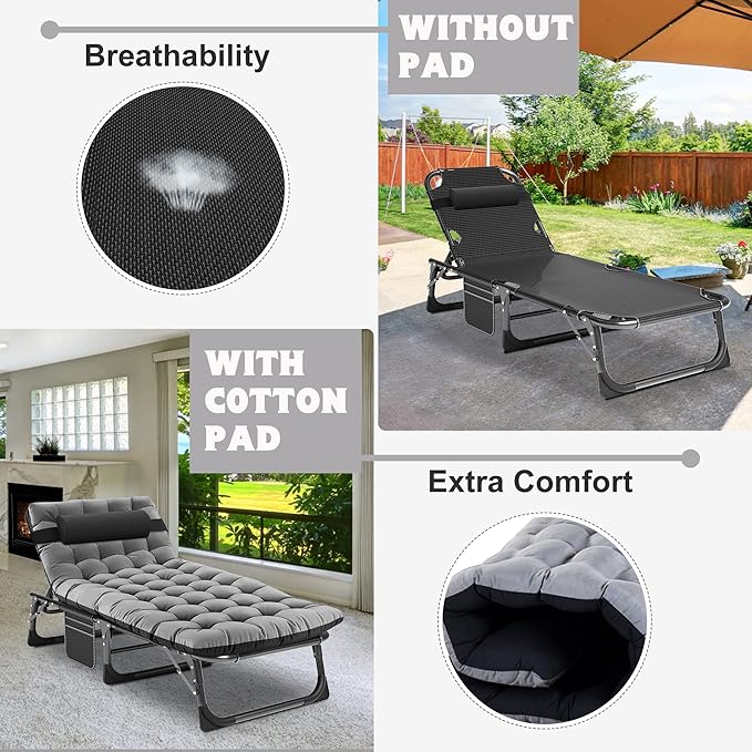 ABORON Heavy Duty Tanning Chair, 5-Gear Outdoor Folding Chaise Lounge Chair