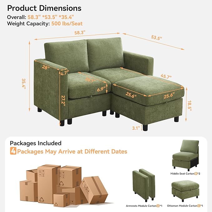 WUTUTUEE 58”Modular Sectional Loveseat Sofa