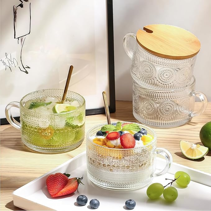 Vintage Glass Coffee Mugs 4 Set, 14oz Overnight Oats Containers with Bamboo Lids and spoon, Glass Tea Cups, Coffee Bar Accessories, Ideal Birthday, Holiday Gifts for Women