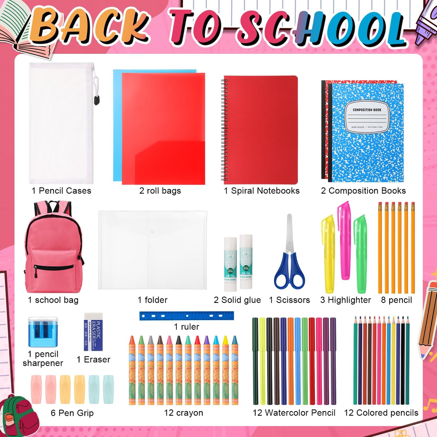 Gilprop 79 Pcs Back to School Supplies Box for Kids K-5 Students Elementary Middle School Supplies Kit Bundle Bulk Essential Pen Notebook Stationery for Primary Student Classroom(Pink)