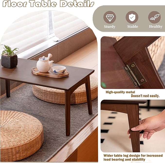 Bamboo Folding Coffee Table, Japanese Low Desk, No Assembly Portable Furniture