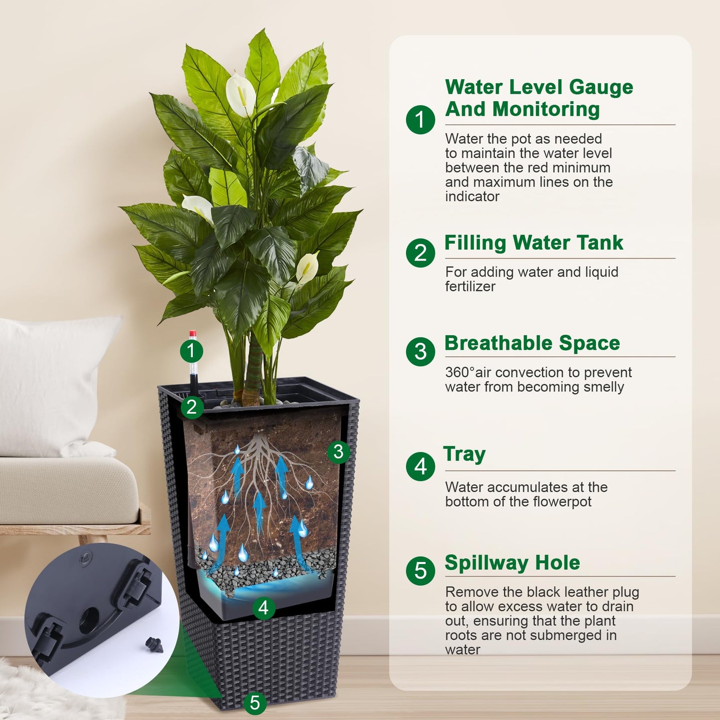 22.4" Black Tall Planters Outdoor Set of 2, Large Black Flower Pots Outdoor with Drainage Holes & Automatic Watering System, Modern Large Resin Planters for Outdoor Plants, Front Porch, Deck, Rattan