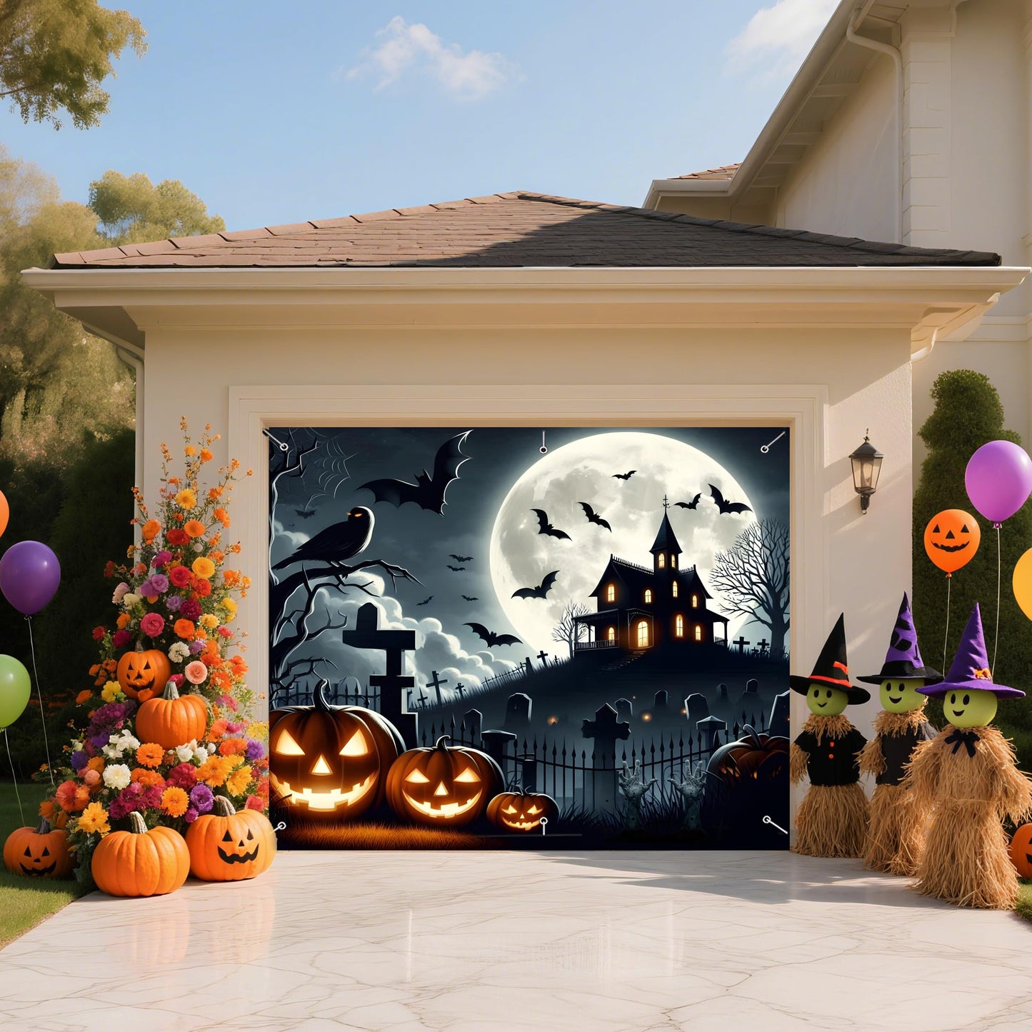 Halloween Garage Door Decorations 7 x 8 Ft Hanging Backdrop Horror Moon Night Halloween Garage Door Cover Scary Cemetery Pumpkin Banner Photo Background for Home Spooky Party Wall Window Yard (Black)