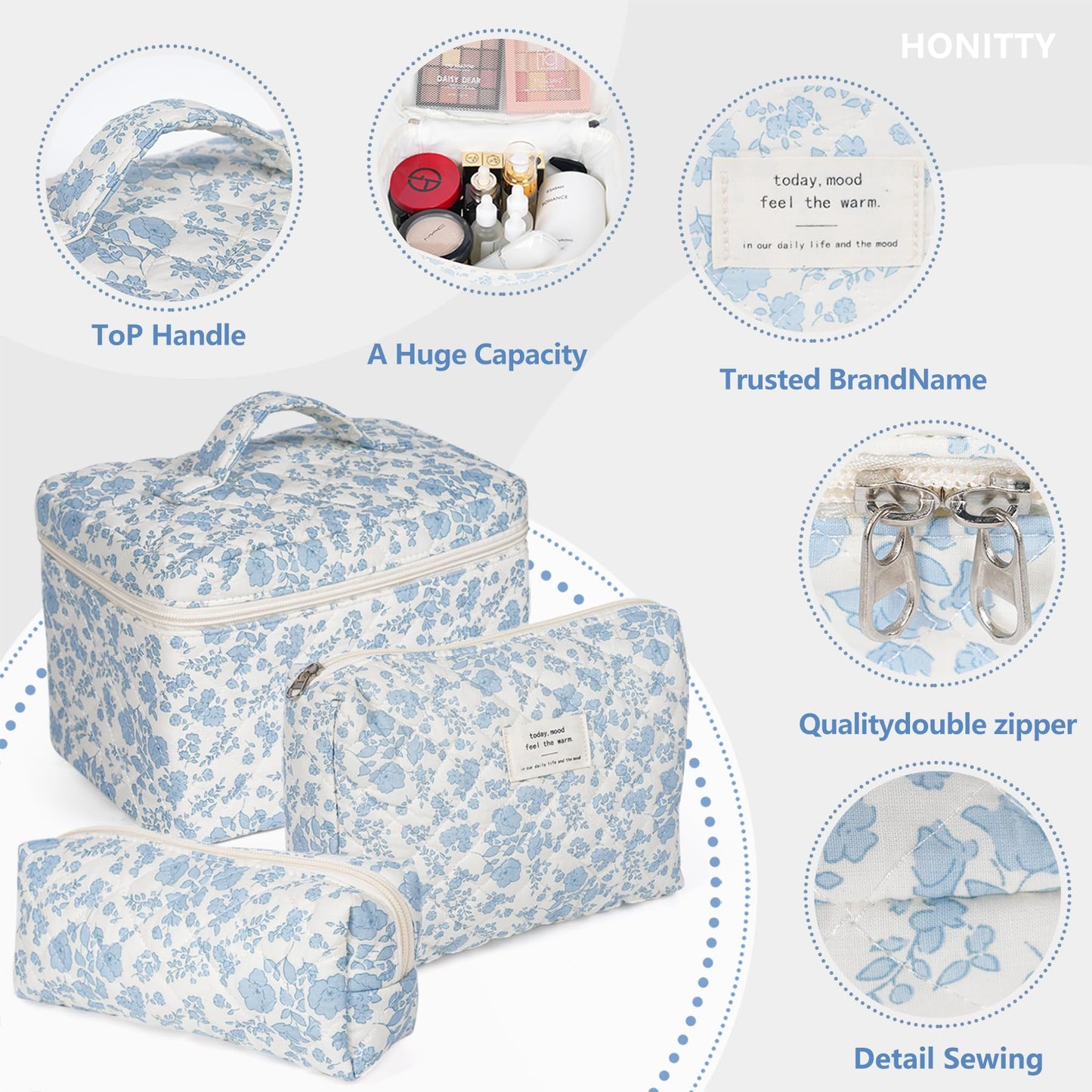 Makeup Bag,Quilted Cosmetic Bag,Large Floral Make Up Bag for Women,Cotton Makeup Bag Set,Flower Travel Toiletry Bag
