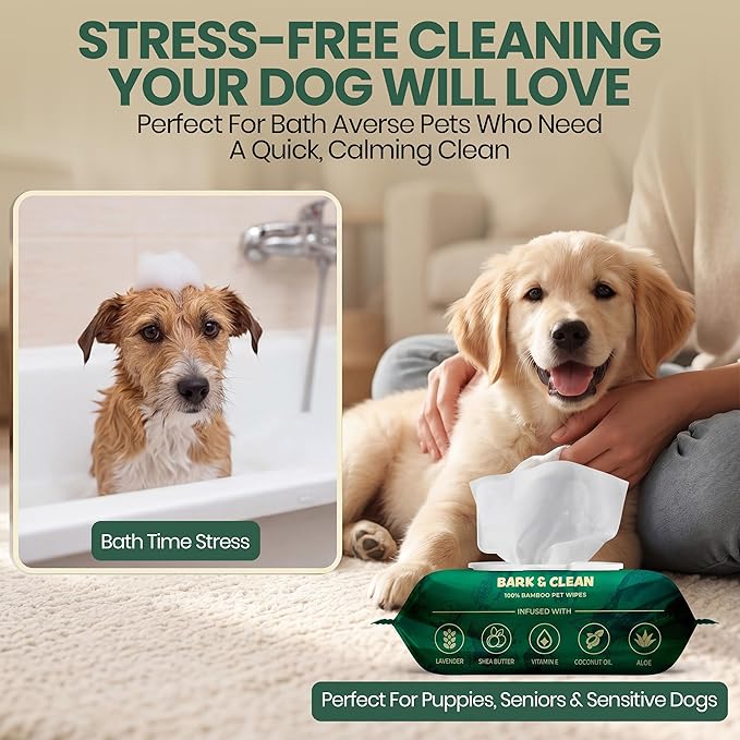 Bark & Clean Dog Wipes for Paws and Butt, 50 Count Large 8.5" x 9" Hypoallergenic Bamboo Pet Wipes Compostable Puppy Wipes with Lavender for Dogs Body Face - Deodorizing Grooming Wipes