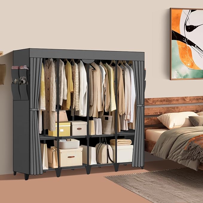Wardrobe Closet, Quick and Easy Assembly, Gray Large Capacity Portable Closet with 4 Hanging Rods 8 Storage Shelves and 8 Side Pockets, Clothes Rack with Cover, for Bedroom and Living Room