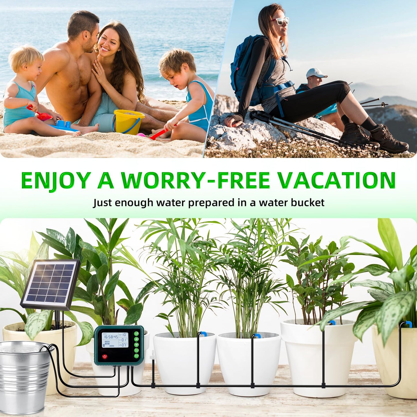Solar Automatic Drip Irrigation Kit System,Automatic Plant Watering Devices Programmable Water Timer,LED Display for 15 Potted Plants Outdoor Indoor Garden Balcony Vacation