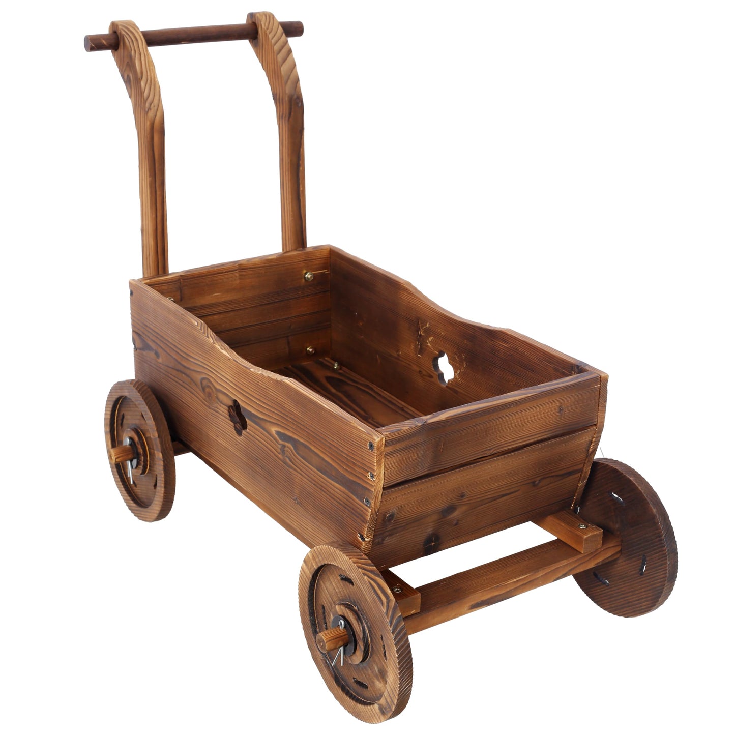 VRAXO Wooden Wagon Planter Box, Mobile Garden Planter with 4 Wheels, Handle, Drain Hole, Decorative Flower Planter for Indoor & Outdoor Decor, Wooden Flower Cart for Patio, Garden, Balcony, Brown