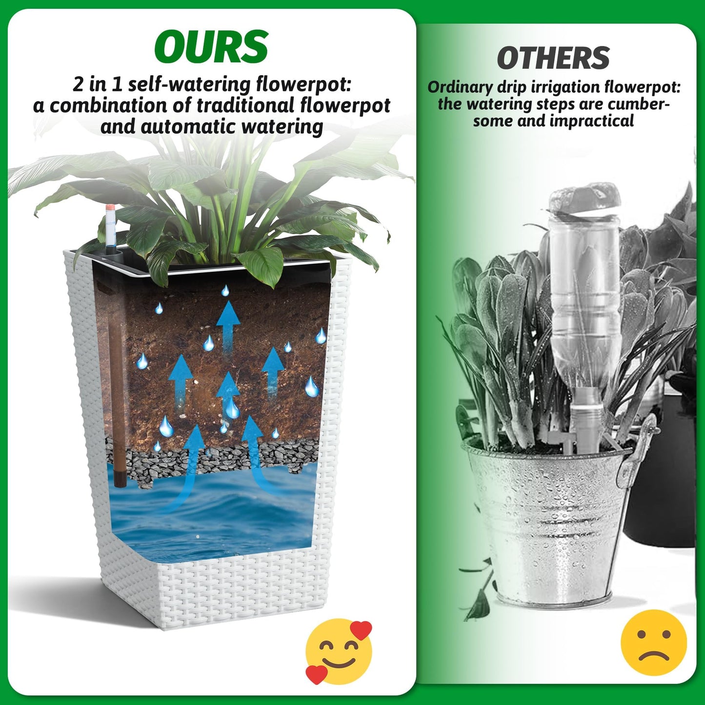 16" White Tall Planters Outdoor Set of 2, Large White Flower Pots Outdoor with Drainage Holes & Automatic Watering System, Modern Large Resin Planters for Outdoor Plants, Front Porch, Deck, Rattan
