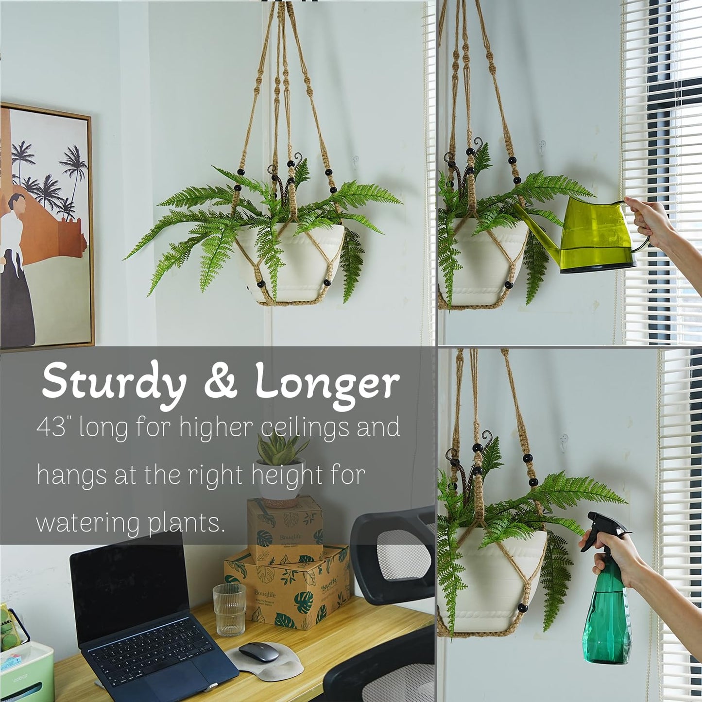 Bouqlife 43 Inches Macrame Plant Hanger Large for 14 inch Pot Extra Long No Tassel Rope Hanging Plant Holder with Ceiling Hook Bohemian Home Décor Brown 2Pack