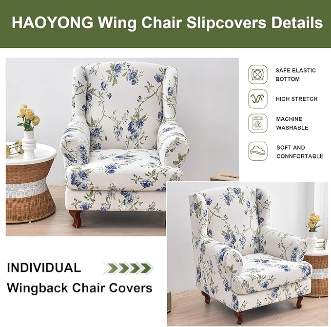 HAOYONG Wing Chair Slipcovers Elastic Printed Wingback Chair Covers 2 Pieces