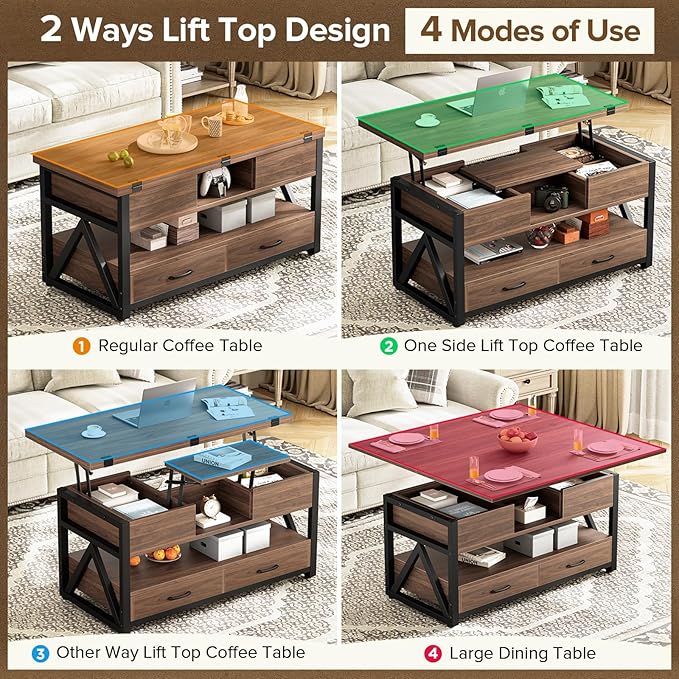 Memobarco 40" Lift Top Coffee Table, 4 in 1 Multi-Function Lift Coffee Tables