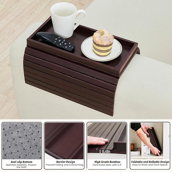 GEHE Bamboo Sofa Arm Tray, Foldable Couch Arm Tray Side Table, Anti-Falling