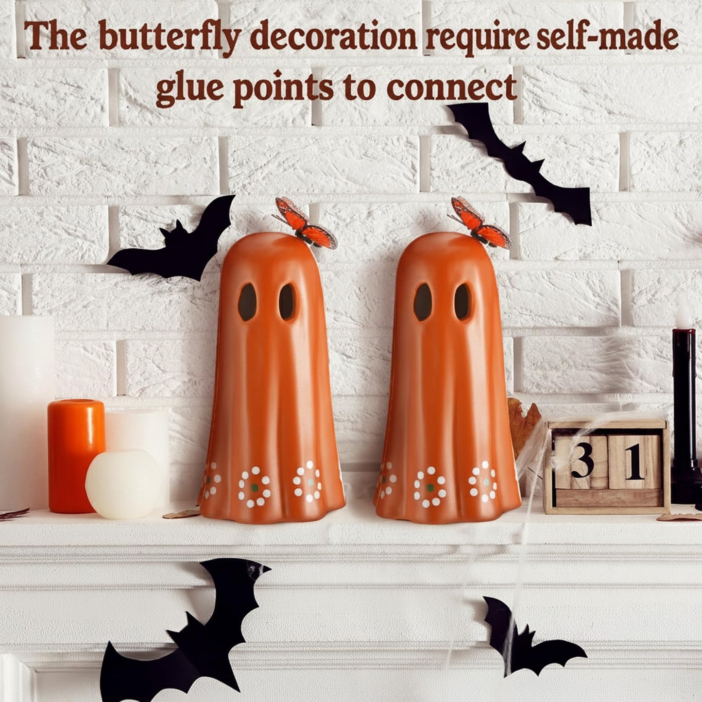 SiliFine 2 Pcs Day of The Dead Ceramic Mexican Ghost Figurine Dia De Los Muertos Terracotta Ghost Decor with Simulated Butterfly Decoration Mexican Halloween Table Decor for Home Shelf Office, 7 Inch