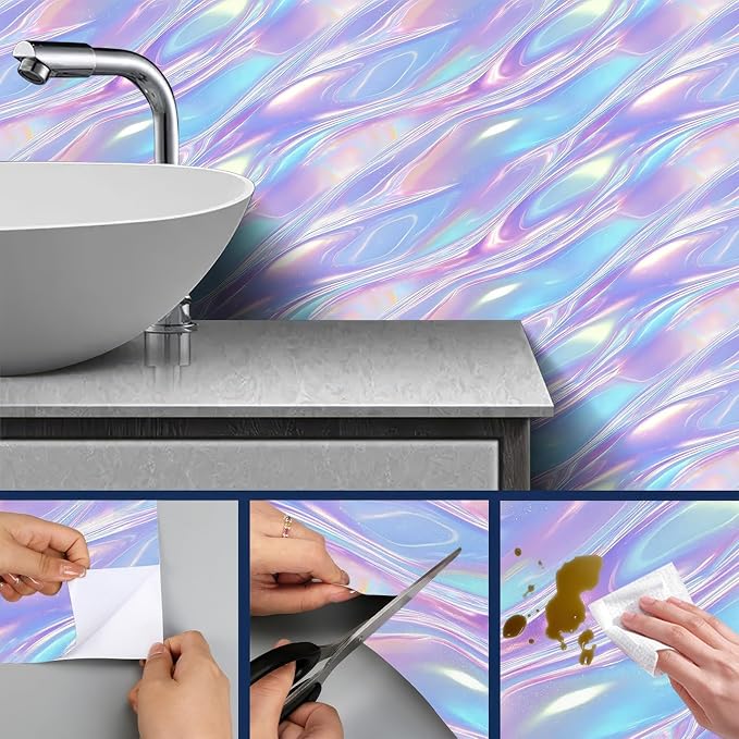 HOMETITUTE Pastel Iridescent Flow Wave Wallpaper Peel and Stick Contact Paper