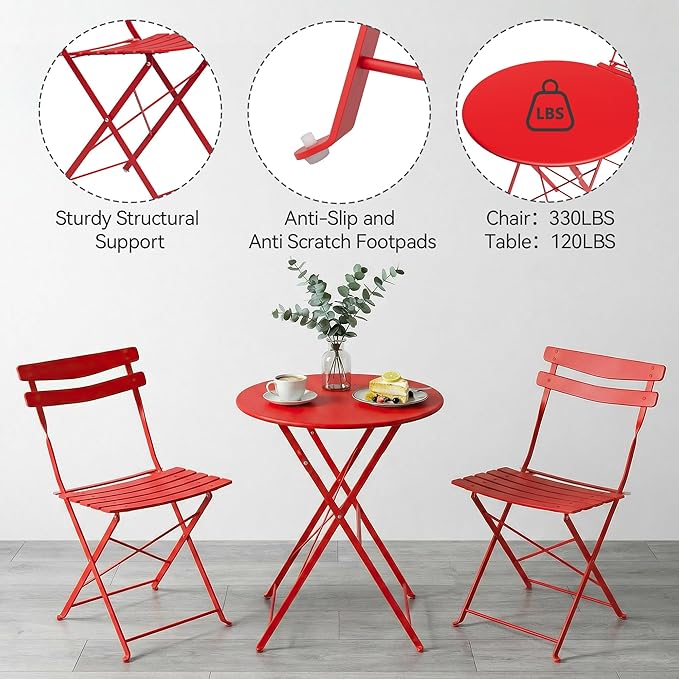 GarveeLife 3 Piece Patio Bistro Set, Folding Patio Bistro Table and Chairs Set