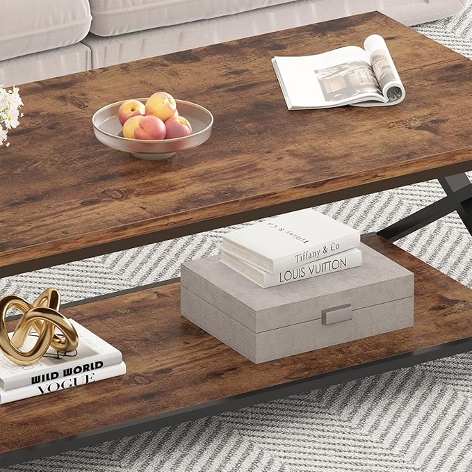 HSH Rustic Coffee Table with Storage Shelf, Industrial Metal Wood Living Room
