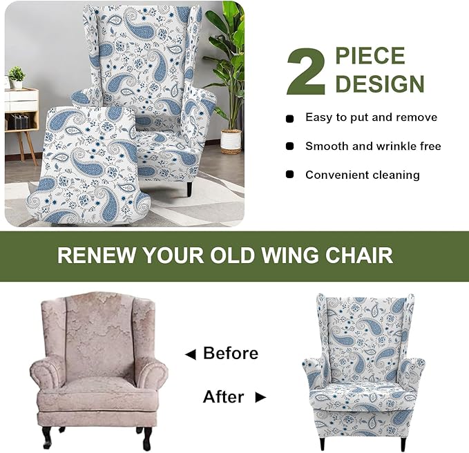 HAOYONG Wing Chair Slipcovers Printed Wingback Chair Covers 2 Pieces Wingback