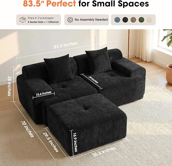 83.5" Boneless Loveseat with Ottoman, Cloud Comfy Couches