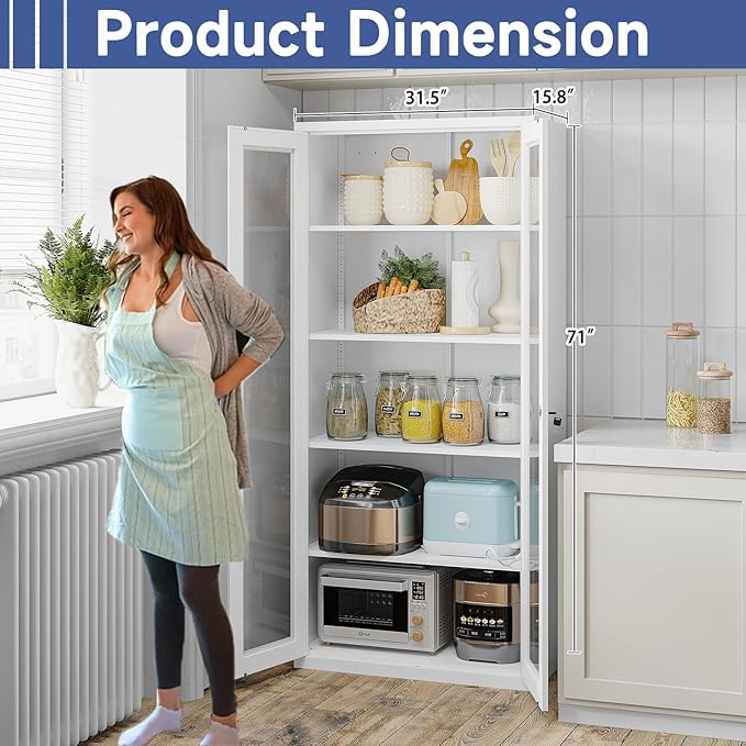 Glass Display Cabinet With Doors, 4 Adjustable Shelves