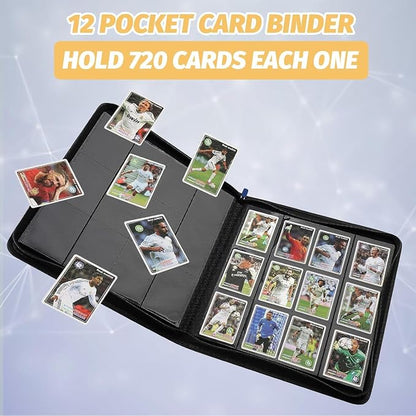 12-Pocket Business Card Binder holds 720 Cards, Premium Diamond Texture PU Leather Name Card Holder Organizer with Zipper, Black Sleeves Side Loading Card Book for Collectors