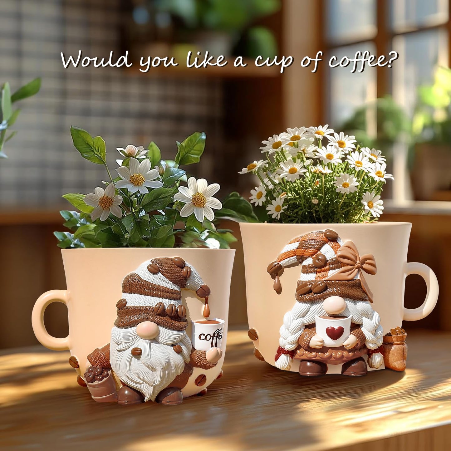 GUGUGO Coffee Cup Gnome Plant Pots, Cute Unique Flower Pots for Indoor Plants, Funky Small Planters with Drainage Holes, Eclectic Home Decor Aesthetic, Funny Gardening Planter for Couple Gift, Male