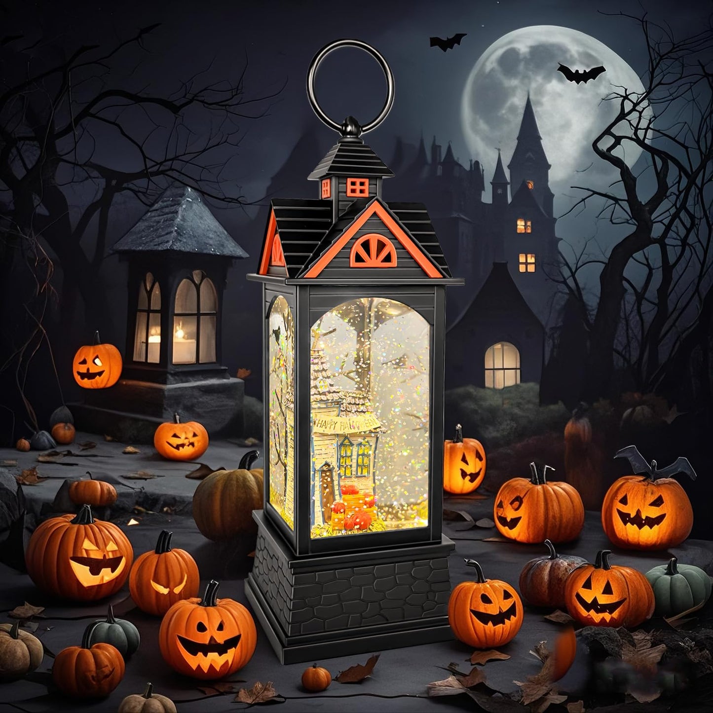 AOMIL Halloween Snow Globe Lantern, Spooky Ghost Halloween Decor, Plug-in & Battery Operated Snow Globes for Halloween Decorations Indoor