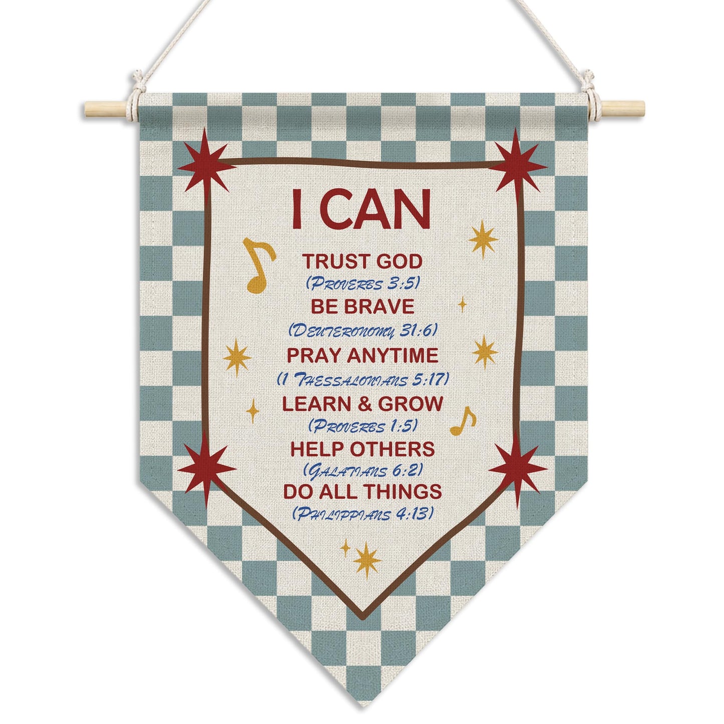 RUKUPA Christian Nursery Inspirational Wall Art Decor, Bible Verse Hanging Pennant Flag, Blue Checkered Religious Motivational Wall Art Poster Hanger for Home Bedroom Kids Room Decor, 11x15 Inch