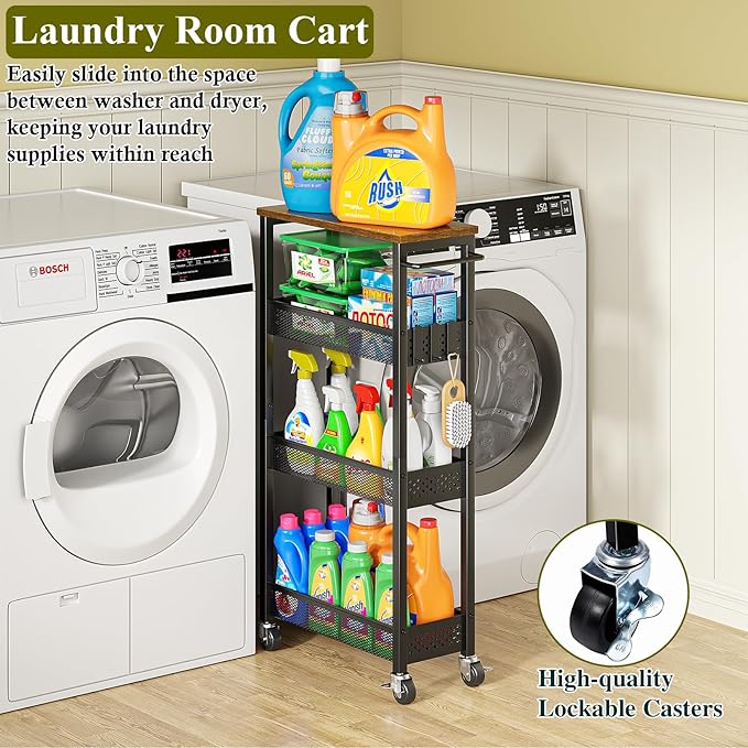 OKZEST Utility Slim Storage Cart, 4 Tier Small Rolling Kitchen Laundry Room Cart