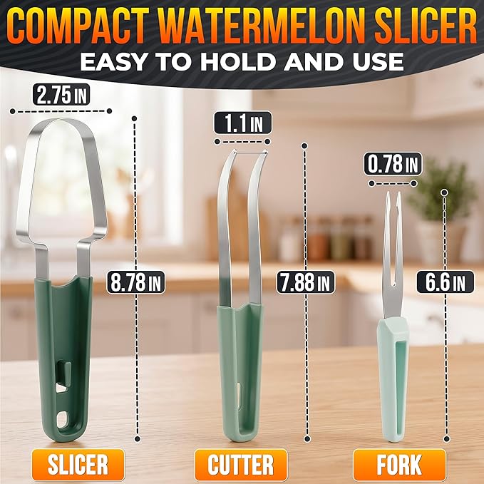 3-in-1 Watermelon Slicer Tool — Stainless Steel Portable, Mess-Free Multi-Use Kitchen Gadget for Summer Picnic, BBQ, Pool Party, Family Hosting, Hostess Gift — Watermelon Cutter Slicer Tool Kit