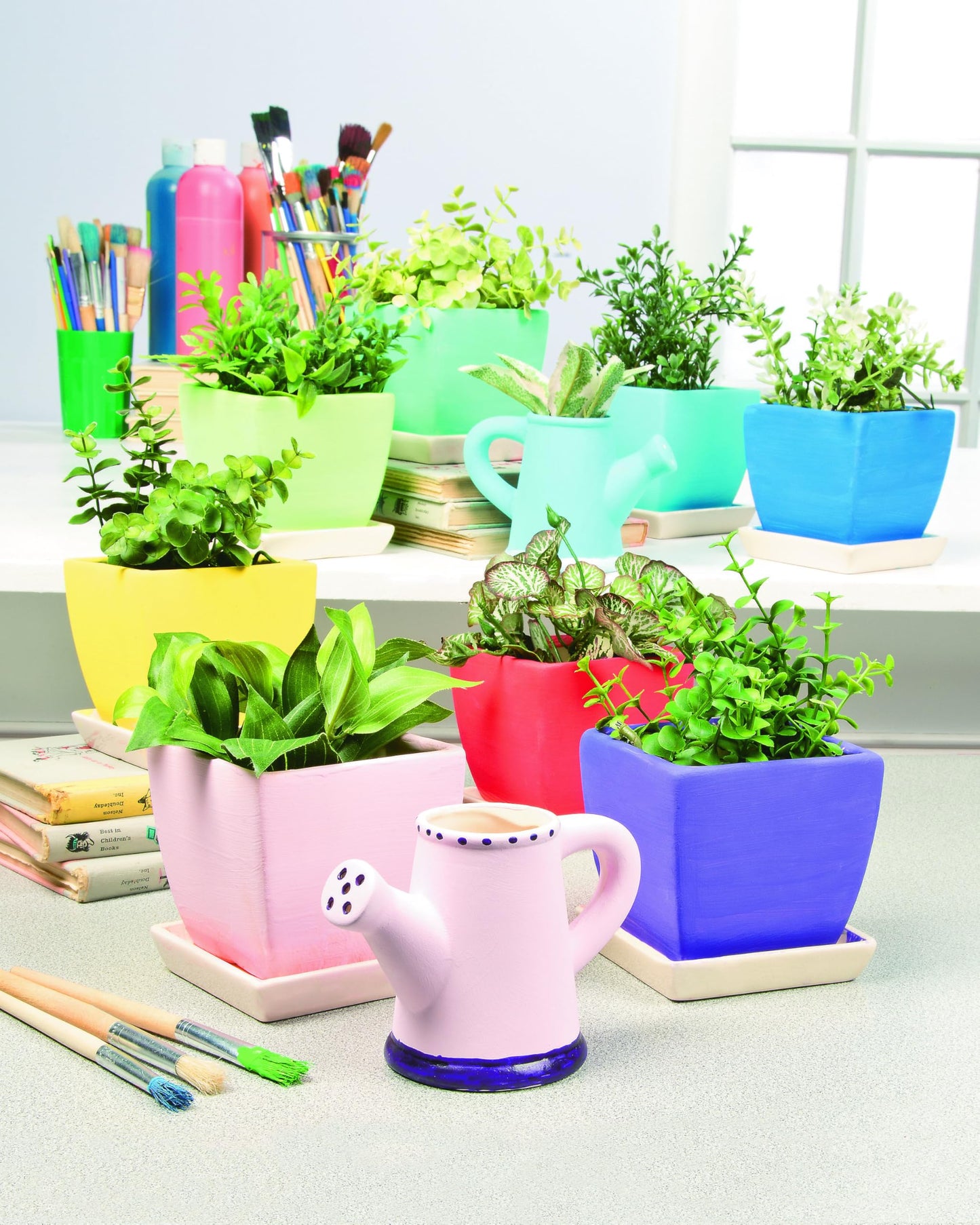 Fun Express DIY Ceramic Pot Watering Can Planter Pottery Kit for Kids - Paint Your Own Ceramic Painting Kit with 12 Small Flower Pots | Ceramics to Paint Crafts for Classroom, Home & Birthday Party