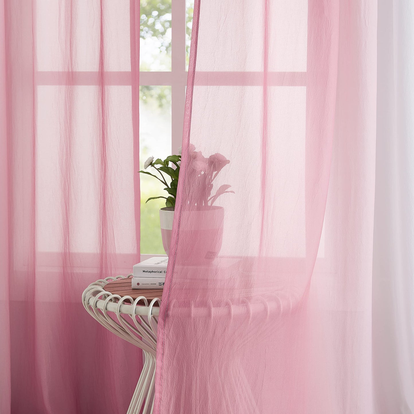 1 Piece Ombre Chiffon Sheer Window Scarf Valance Curtain 18ft for Living Room Girls Bedroom Decor, 216 Inch Long Crinkle Soft Window Sheer Voile Valance for Holiday, Wedding Party Decor, Pink, 52"W