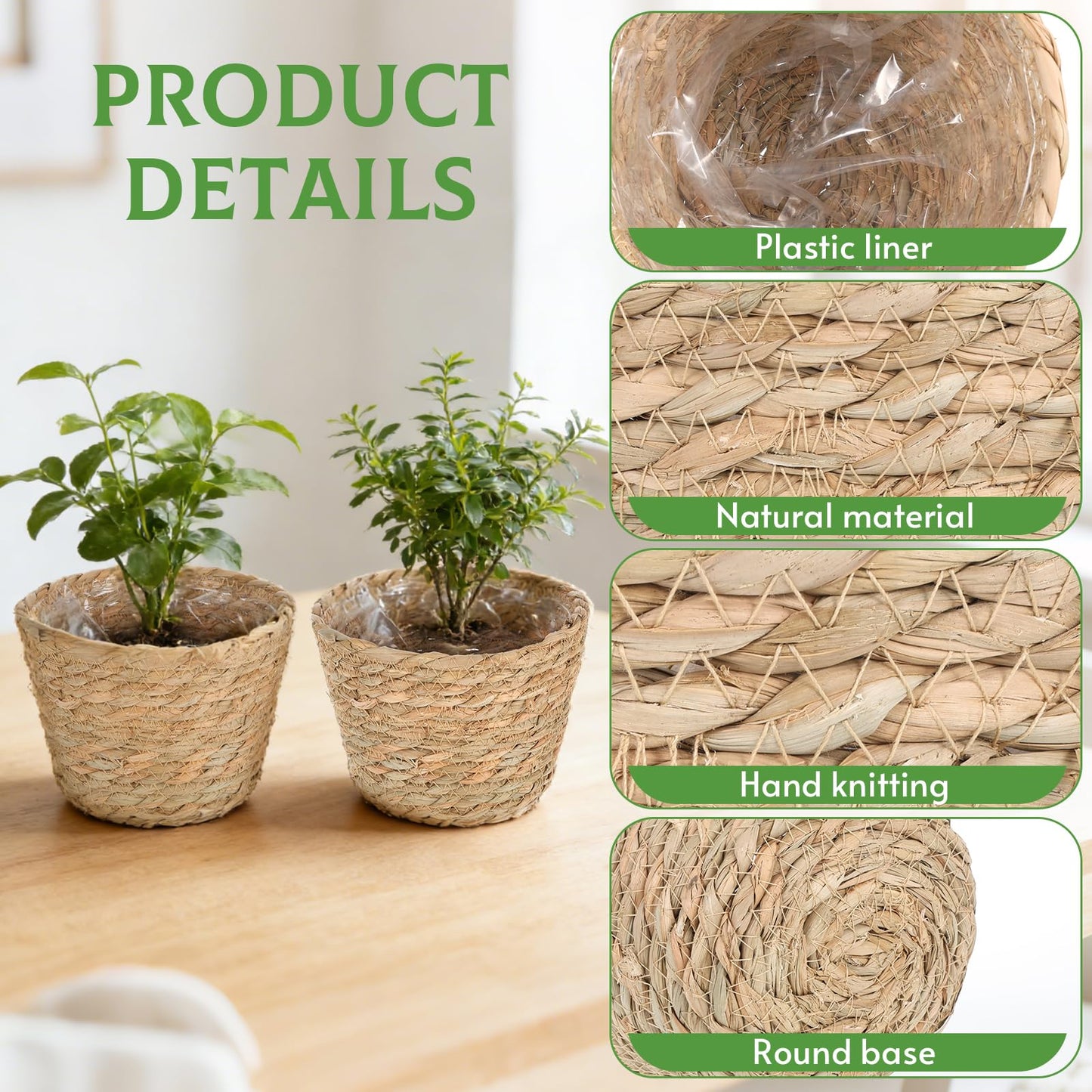 10 PCS Seagrass Plant Baskets with Plastic Liners, Woven Planter Basket Set for Indoor and Outdoor Plants, Wicker Flower Pot Covers Plant Container sand Storage Baskets for Home and Farmhouse Decor